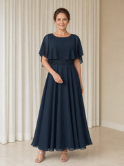 A-line Chiffon Flutter Sleeves Ruffle Tea-length Dress Dark Navy