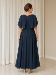 A-line Chiffon Flutter Sleeves Ruffle Tea-length Dress Dark Navy