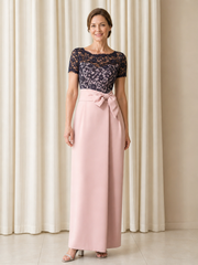 Illusion Short Sleeve Bow Sash Maxi Sheath Stretch Crepe Dress