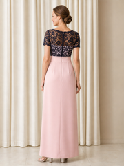 Illusion Short Sleeve Bow Sash Maxi Sheath Stretch Crepe Dress