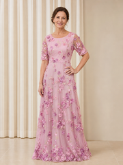Short Sleeve A-line Flower Tulle Floor-length Formal Gown