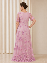 Short Sleeve A-line Flower Tulle Floor-length Formal Gown