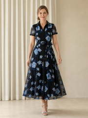 Short Sleeve Floral Midi Belted Mother Of The Bride Dress Black