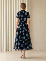 Short Sleeve Floral Midi Belted Mother Of The Bride Dress Black