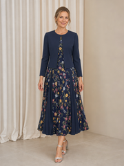 Long Sleeve Elegant Floral Midi Wedding Guest Two‑Piece Suit Dark Navy