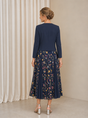 Long Sleeve Elegant Floral Midi Wedding Guest Two‑Piece Suit Dark Navy