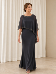 Sheath Beaded Chiffon Cape Overlay Mother Of The Bride Dress