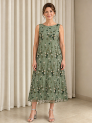 Floral Tea-length Sleeveless Scoop Neck A‑Line Tulle Formal Dress