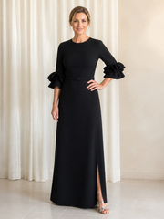 Maxi Dress Jewel Neck Ruffle Half Sleeve Belted Slit Evening Gown Black