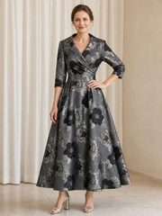 Tea-length Floral Jacquard V‑Neck 3/4 Sleeve A‑Line Formal Dress