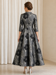 Tea-length Floral Jacquard V‑Neck 3/4 Sleeve A‑Line Formal Dress