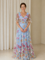Flutter Sleeves Flower Tulle V-neck Floor-length Dress