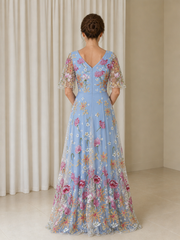 Flutter Sleeves Flower Tulle V-neck Floor-length Dress