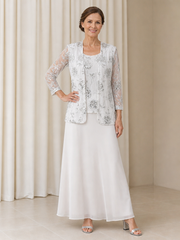 Sequins Floral Chiffon Scoop Tea-length Formal Dress With Jacket White