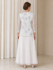 Sequins Floral Chiffon Scoop Tea-length Formal Dress With Jacket White
