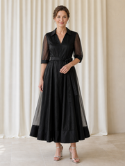 Collared Shirt Style Mesh Half Sleeve Waist Tie Belt A‑Line Formal Dress Black