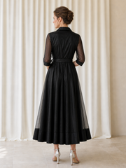 Collared Shirt Style Mesh Half Sleeve Waist Tie Belt A‑Line Formal Dress Black