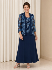 A-line Sequins Chiffon Tea-length Formal Dress With 3/4 Sleeve Jacket Dark Navy