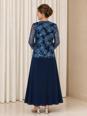 A-line Sequins Chiffon Tea-length Formal Dress With 3/4 Sleeve Jacket Dark Navy