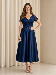 V‑Neck Short Sleeve Lace Satin Midi A-line Formal Gown Dark Navy