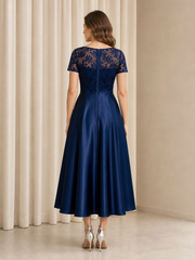 V‑Neck Short Sleeve Lace Satin Midi A-line Formal Gown Dark Navy