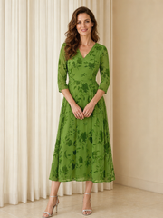 Green Leaf Floral Print A‑Line 3/4 Sleeve Tea‑Length Dress Moss