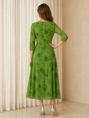 Green Leaf Floral Print A‑Line 3/4 Sleeve Tea‑Length Dress Moss