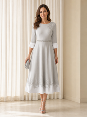 Chiffon Round Neck 3/4 Sleeve Silver Grey Beaded Waist Midi Dress
