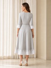 Chiffon Round Neck 3/4 Sleeve Silver Grey Beaded Waist Midi Dress