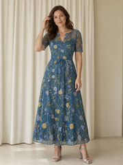 Tie Waist A‑Line Floral Embroidered Tea-length Short Sleeve Dress