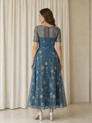 Tie Waist A‑Line Floral Embroidered Tea-length Short Sleeve Dress