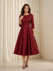 A‑Line Jacquard Round Neck 3/4 Sleeve Midi Pleated Dress Burgundy