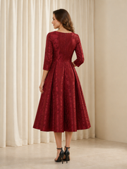 A‑Line Jacquard Round Neck 3/4 Sleeve Midi Pleated Dress Burgundy