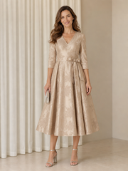 Floral Jacquard V‑Neck 3/4 Sleeve A‑Line Midi Dress With Bow Champagne