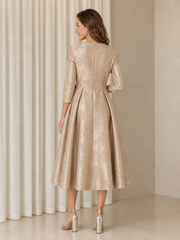 Floral Jacquard V‑Neck 3/4 Sleeve A‑Line Midi Dress With Bow Champagne