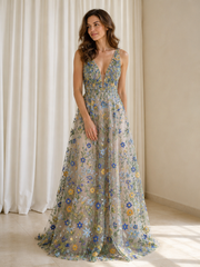 Colorful Wildflower Plunging V‑Neck Sleeveless Tulle A‑Line Long Dress