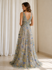 Colorful Wildflower Plunging V‑Neck Sleeveless Tulle A‑Line Long Dress