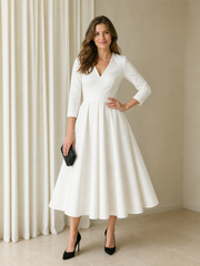 V‑Neck 3/4 Sleeve A‑Line Tea‑Length Pleated Formal Dress Ivory