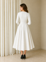 V‑Neck 3/4 Sleeve A‑Line Tea‑Length Pleated Formal Dress Ivory