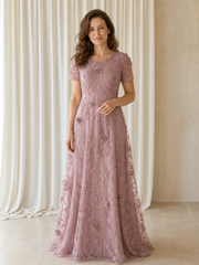 A‑Line 3D Floral Short Sleeve Round Neck Tulle Maxi Dress Vintage Mauve
