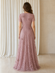 A‑Line 3D Floral Short Sleeve Round Neck Tulle Maxi Dress Vintage Mauve
