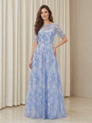 Floral Lace Illusion Neck Short Sleeve A‑Line Floor‑Length Formal Gown