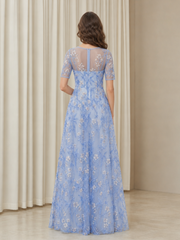 Floral Lace Illusion Neck Short Sleeve A‑Line Floor‑Length Formal Gown