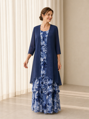 Floral Print Chiffon Tiered Mother Of The Bride Dress With Long Jacket Dark Navy