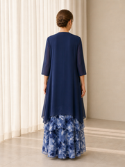 Floral Print Chiffon Tiered Mother Of The Bride Dress With Long Jacket Dark Navy