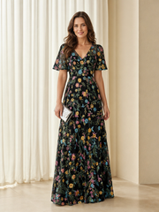 Black Base Colorful Floral Embroidery V‑Neck A‑Line Floor‑Length Dress Black