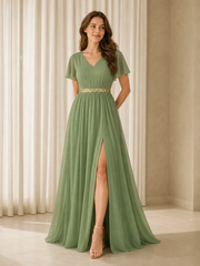 Chiffon V‑Neck Flutter Sleeve Formal Maxi Dress With High Slit