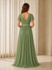 Chiffon V‑Neck Flutter Sleeve Formal Maxi Dress With High Slit