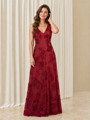 A‑Line Sleeveless V‑Neck Flower Appliqué Tulle Long Dress Burgundy