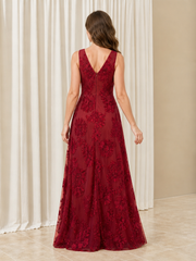 A‑Line Sleeveless V‑Neck Flower Appliqué Tulle Long Dress Burgundy